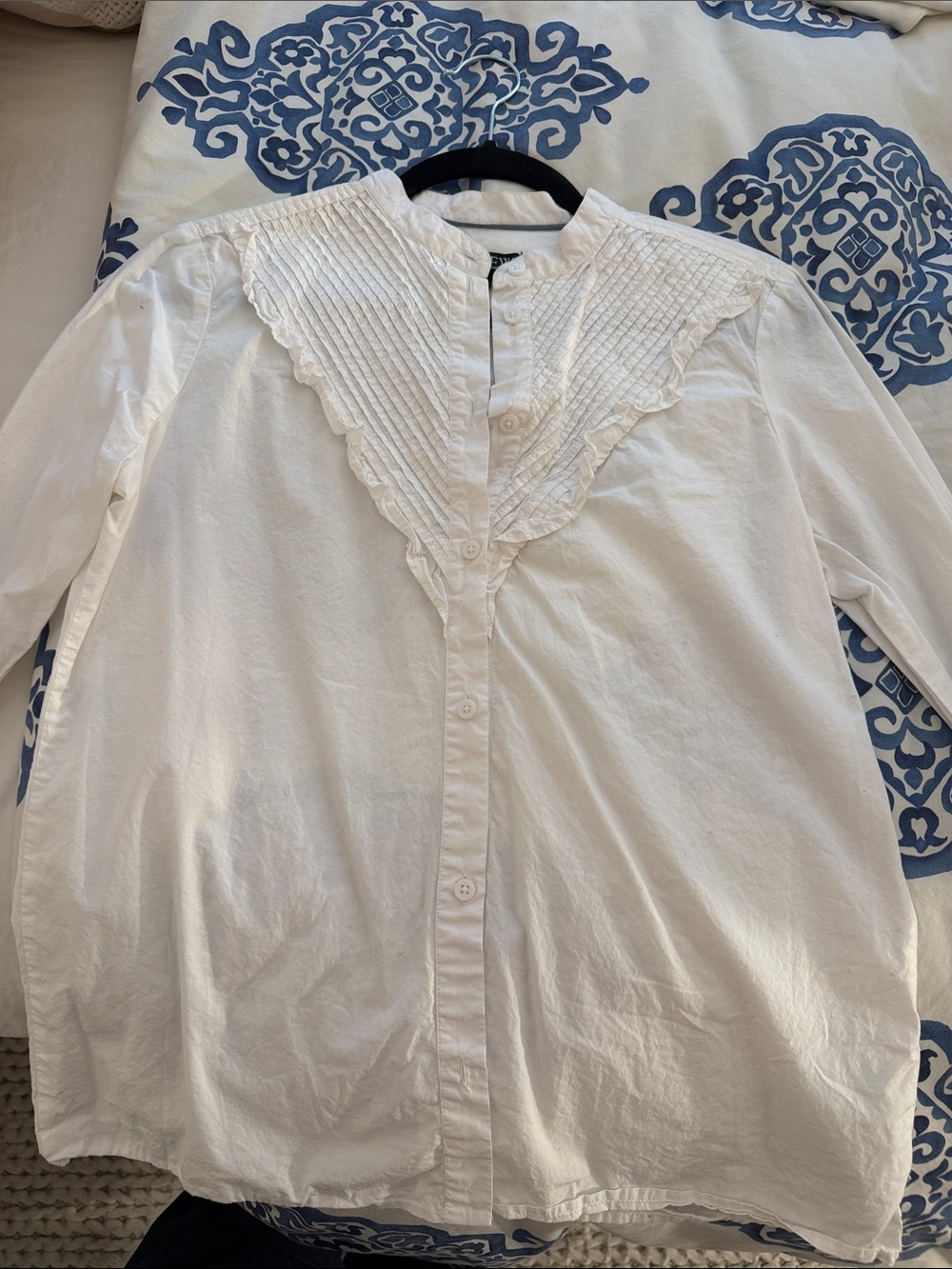 J. Crew White Button-Front Blouse with Pleated Scallop Yoke